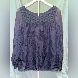 Women's Crochet Yoke Long Sleeve Blouse — Navy